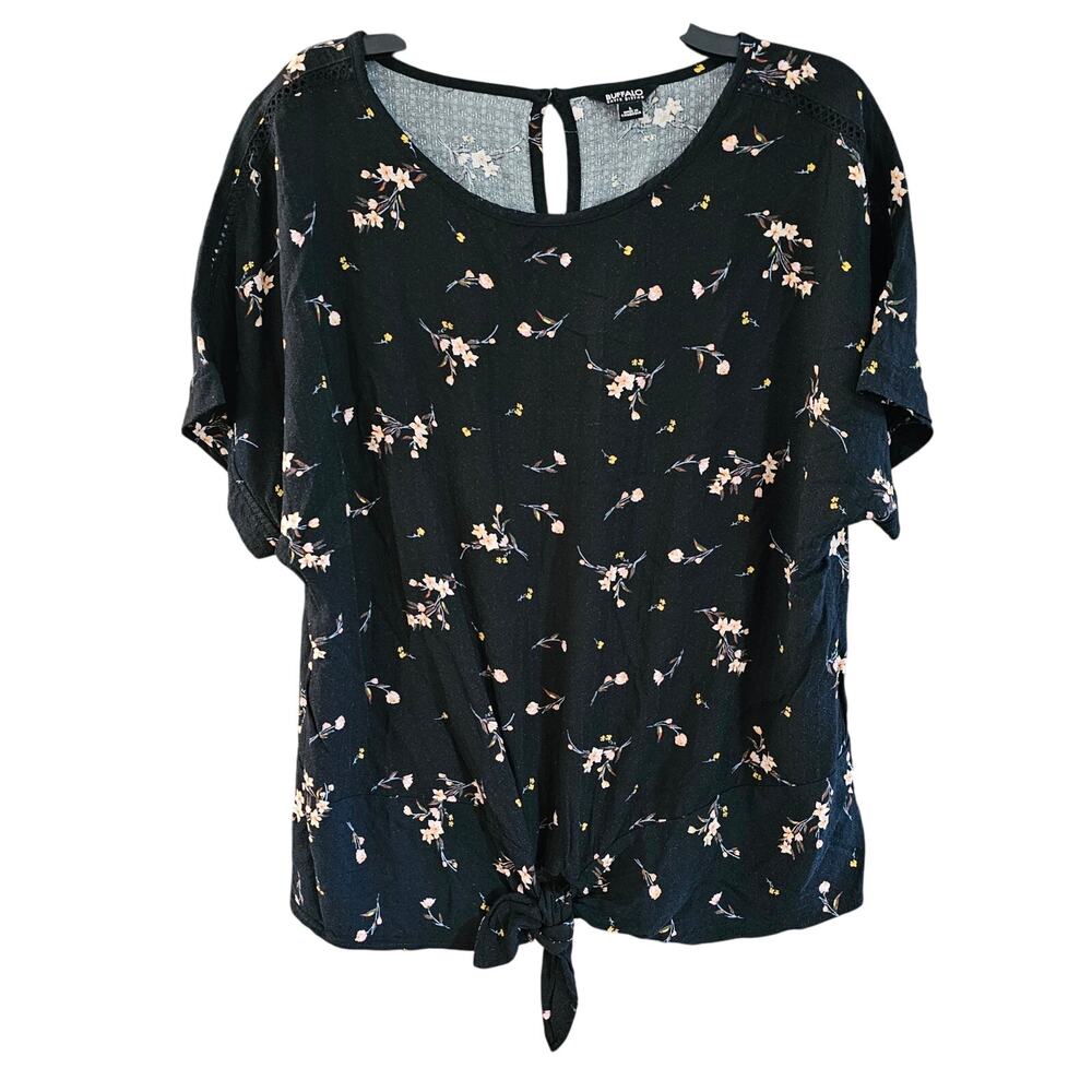 Buffalo David Bitton Womens L Tie Front Top Blouse Black Floral Cap Sleeve